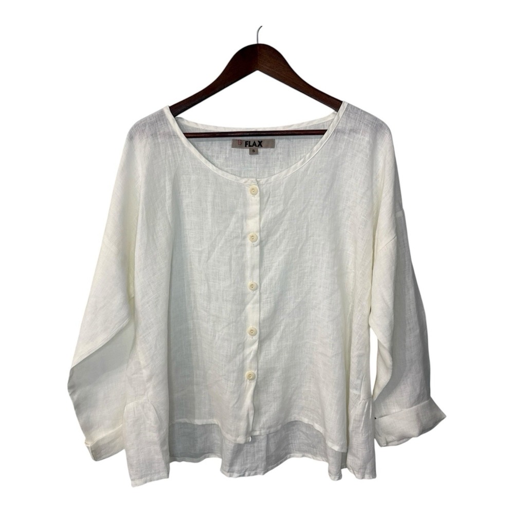 NEW Flax linen button shirt womens S 6-10 ivory ruffle cottage lagenlook coastal